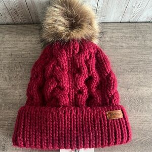 Barbour Burgundy Red Penshaw Cable Knit Beanie Pom-Pom New